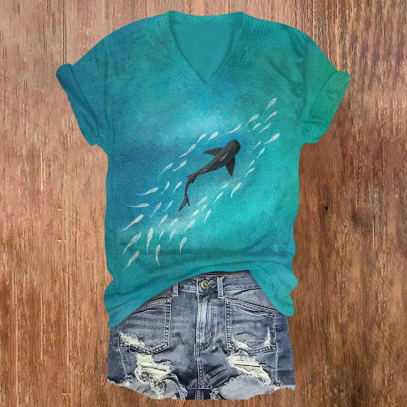 Artistic Ocean Fish Shoal Painting Print Short Sleeved V-neck T-shirt - Lake Blue - US32-34(5XL) - image 1