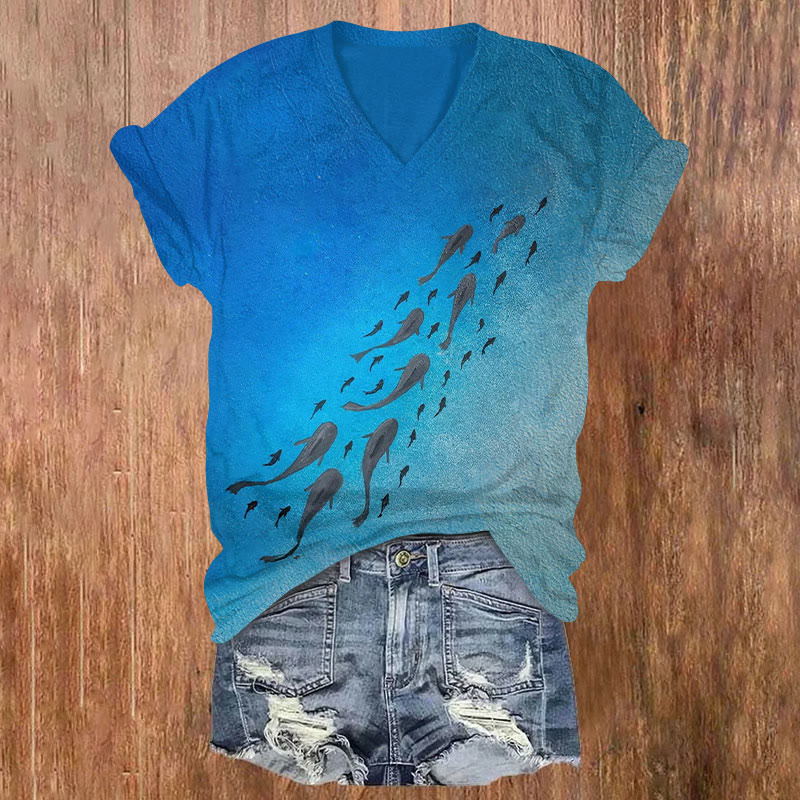 Deep-sea Fish School Art Painting Print Short Sleeved V-neck T-shirt - Blue - US32-34(5XL) - image 1