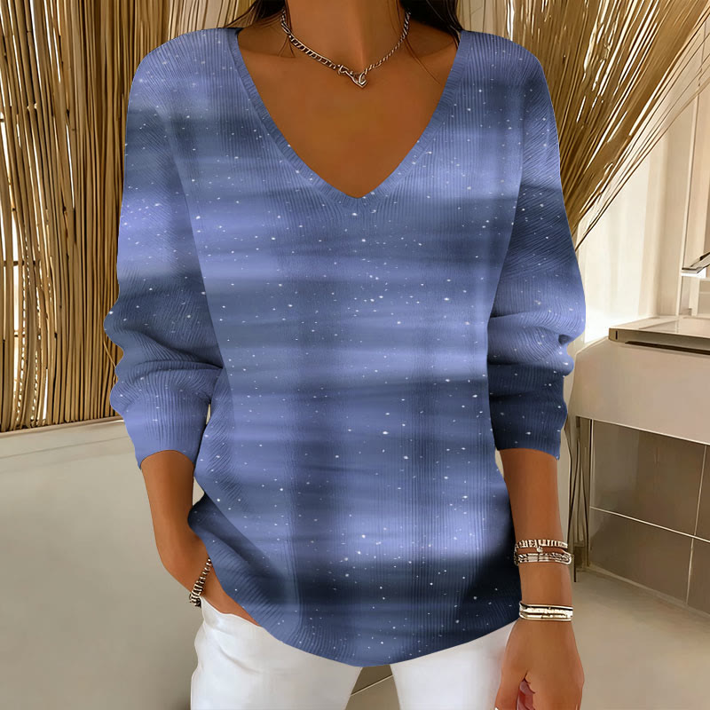 Starry Sky Gradient Horizontal Stripes Print V-neck long sleeved sweater - Blue - 5XL - image 2