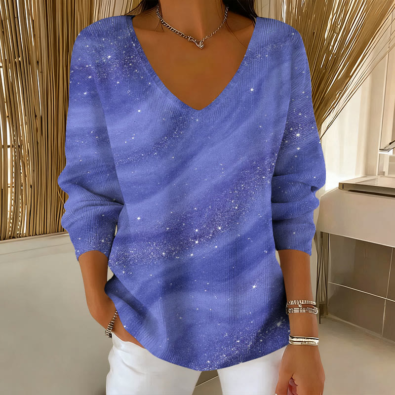 Sparkling Starry Sky Gradient Print V-neck long sleeved sweater - Blue - 5XL - image 1