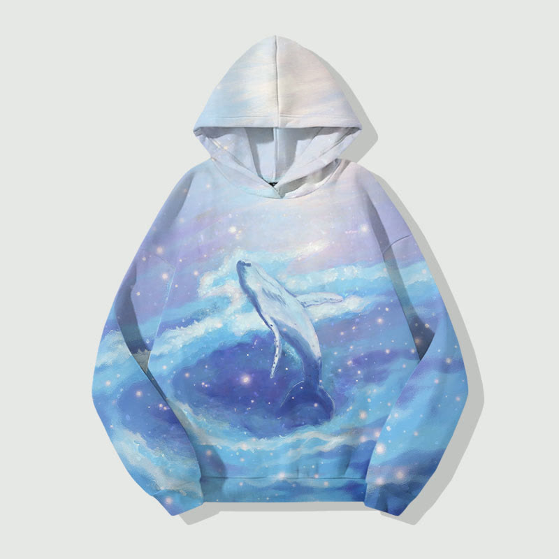 Fantasy Oil Painting Whale Leaping Art Print Long Sleeve Hoodie - Blue - US44-46(8XL) - image 1