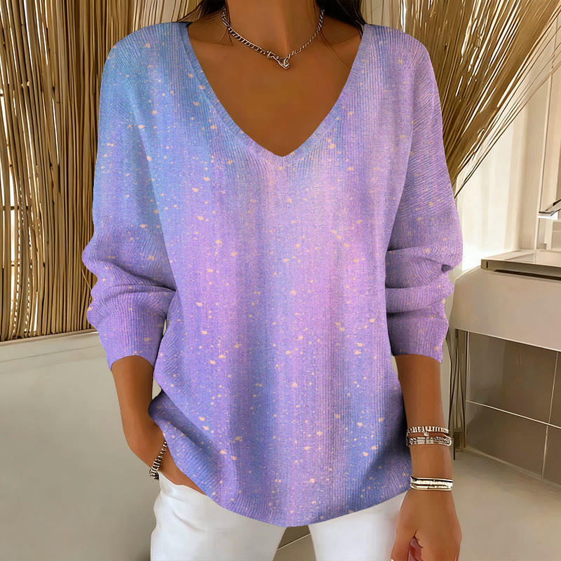 Gradient Printed V-Neck Long Sleeved Sweater - Light Purple - 5XL - image 1