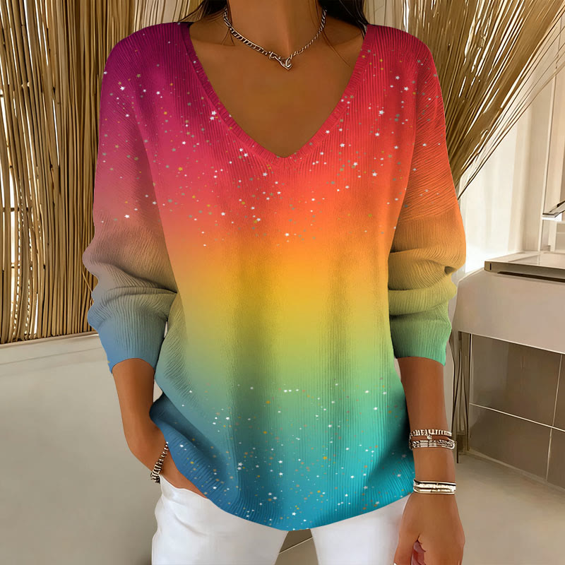 Sparkling Gradient Rainbow Art Print V-Neck Long Sleeved Sweater - Multicolor - 5XL - image 1
