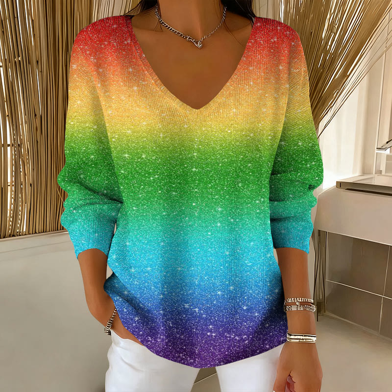 Sparkling Starry Sky Rainbow Gradient Colors Print V-Neck Long Sleeved Sweater - Multicolor - 5XL - image 1