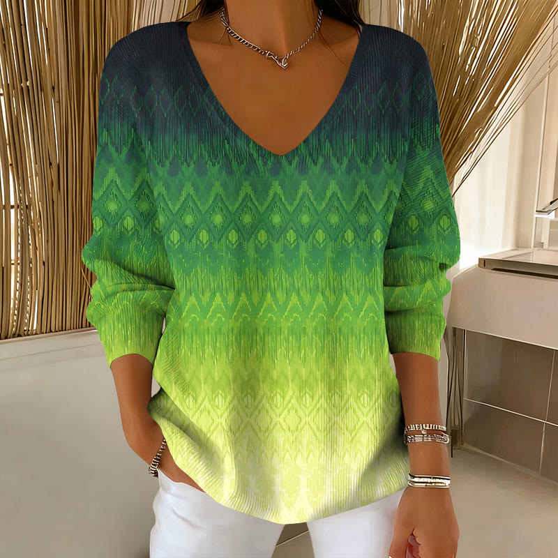 Diamond Shaped Gradient Art Pattern V-Neck Long Sleeved Sweater - Green - 5XL - image 1