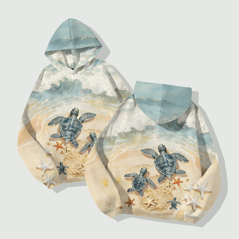 Creative Sea Turtle On The Beach Watching Ocean Wave Art Print Long Sleeve Hoodie - image 2