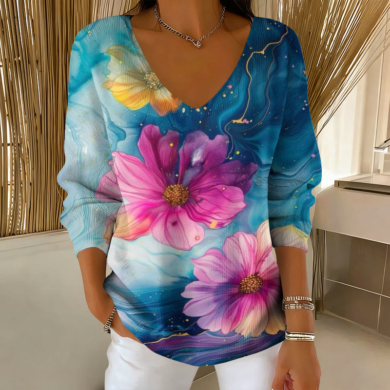 Gradient Floral Patterns  V-Neck Long Sleeved Sweater - Blue - 5XL - image 1