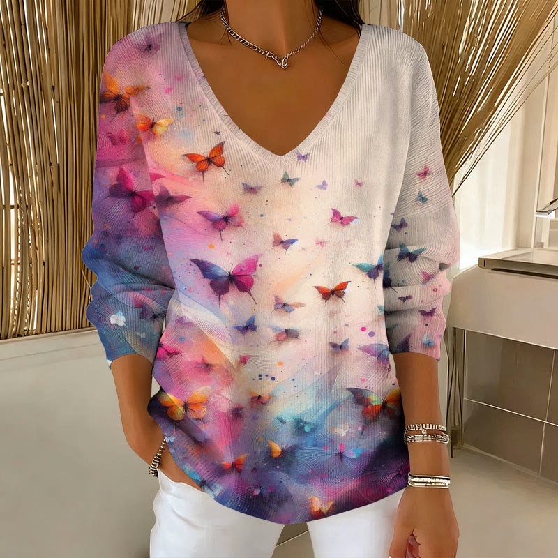 Gradient Colored Butterfly Art Pattern V-Neck Long Sleeved Sweater - Apricot - 5XL - image 1