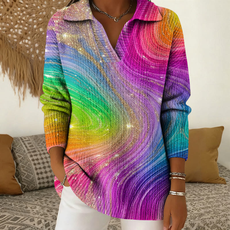 Colorful Gradient Gold Foil Printing Polo Collar Long Sleeved Sweater - Multicolor - 5XL - image 1