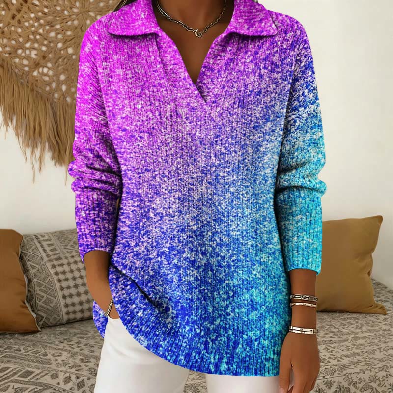 Shimmering Gradient Art Patterns Polo Collar Long Sleeved Sweater - Pink - 5XL - image 1