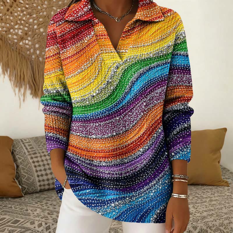 Sparkling Gradient Diamond Pattern Print Polo Collar Long Sleeved Sweater - Multicolor - 5XL - image 1