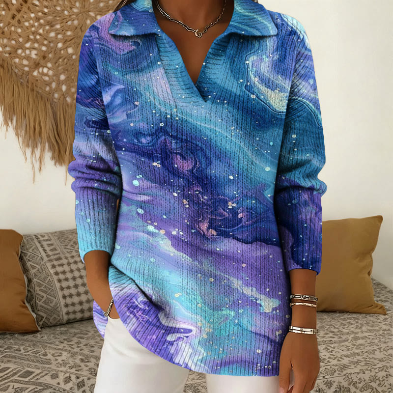 Gradient Tie Dye Starry Sky Art Pattern Print Polo Collar Long Sleeved Sweater - Blue - 5XL - image 1