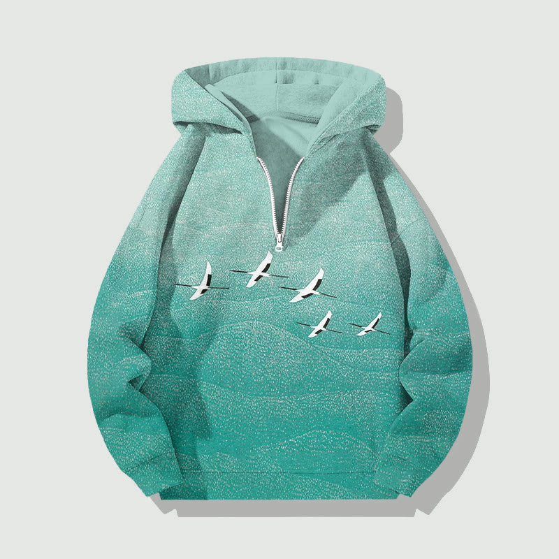 Unisex Gradient Colored Crane Pattern Print Half Zip Hoodie - Green - US32-34(5XL) - image 1