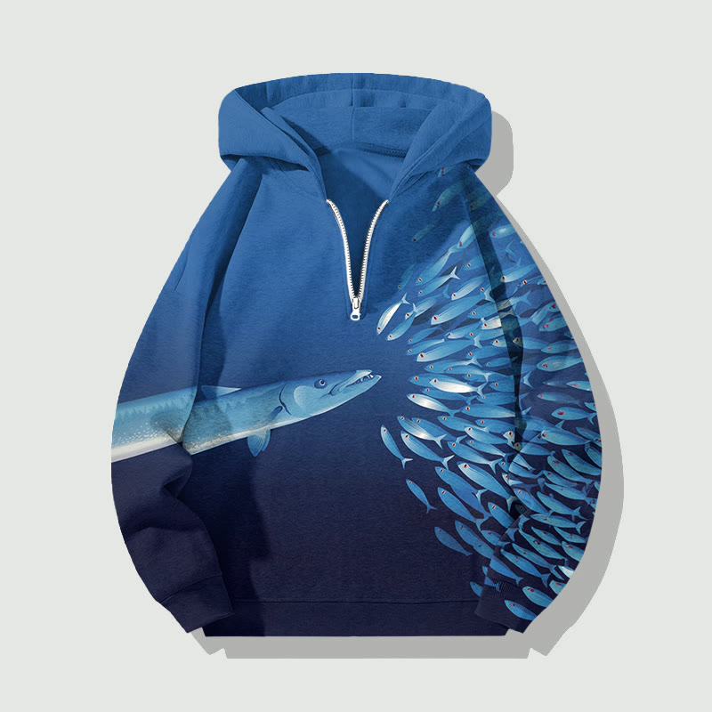 Unisex Deep Sea Fish Art Pattern Half Zip Hoodie - Blue - US32-34(5XL) - image 1