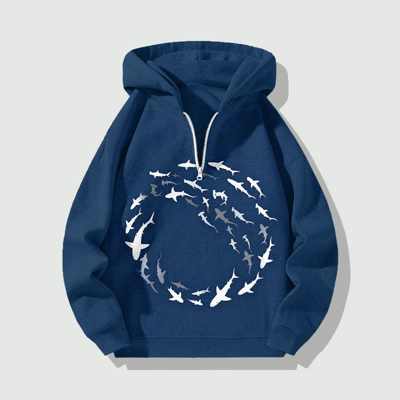 Unisex Deep Sea Swirling Schools Of Fish Art Pattern Half Zip Hoodie - Dark Blue - US32-34(5XL) - image 1