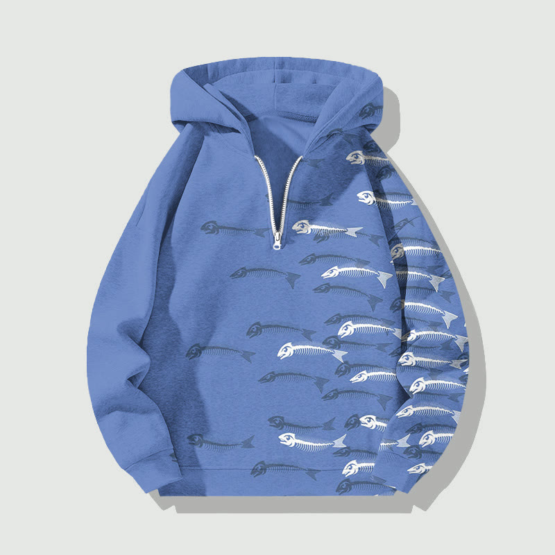 Unisex Marine Fish Carcasses Art Pattern Half Zip Hoodie - Blue - US32-34(5XL) - image 1