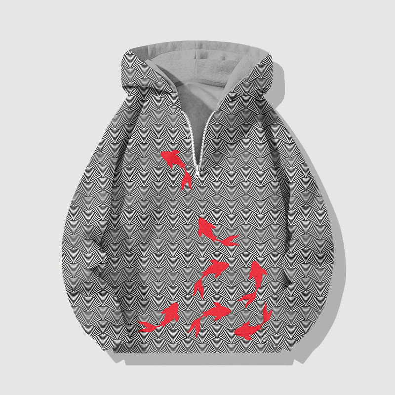 Japanese Goldfish Art Print Half Zip Hoodie - Grey - US32-34(5XL) - image 1
