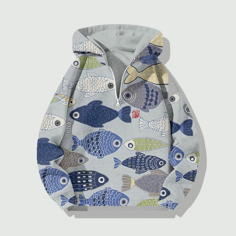 Vintage Fish Japanese Art Cozy Print Half Zip Hoodie - Light Gray - US32-34(5XL) - image 1