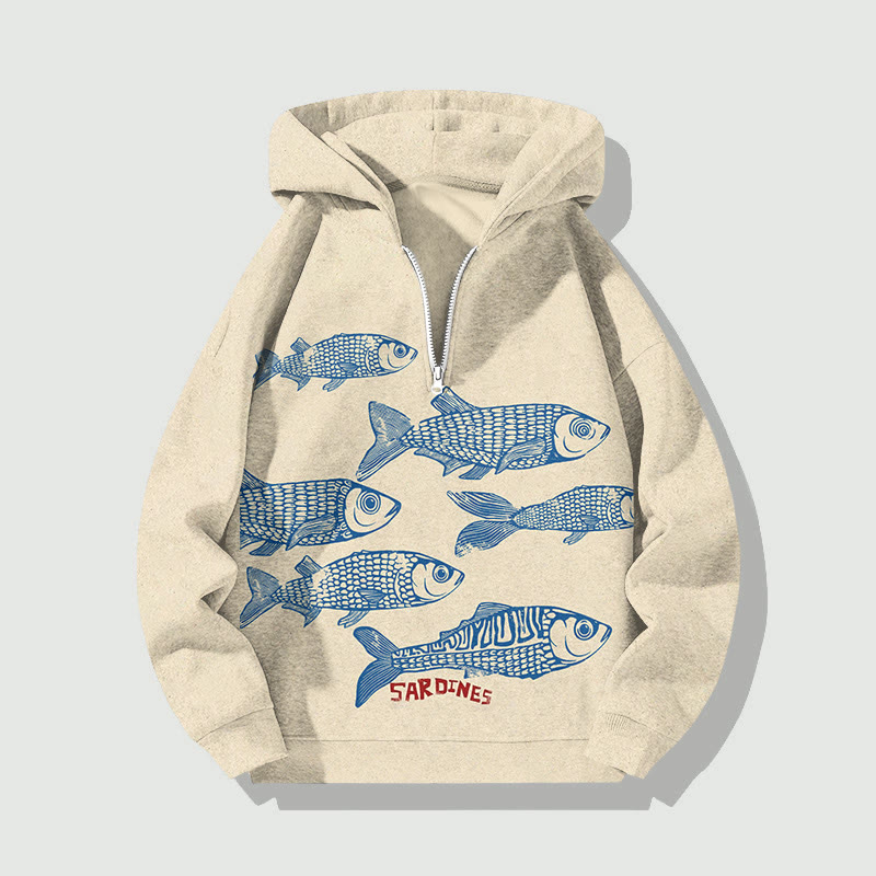 Japanese Style Cute SARDINES Art Print Half Zip Hoodie - Apricot - US32-34(5XL) - image 1
