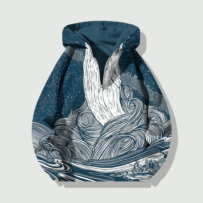 Unisex Japanese Style Wave And Whale Art Print Half Zip Hoodie - Dark Blue - US32-34(5XL) - image 1