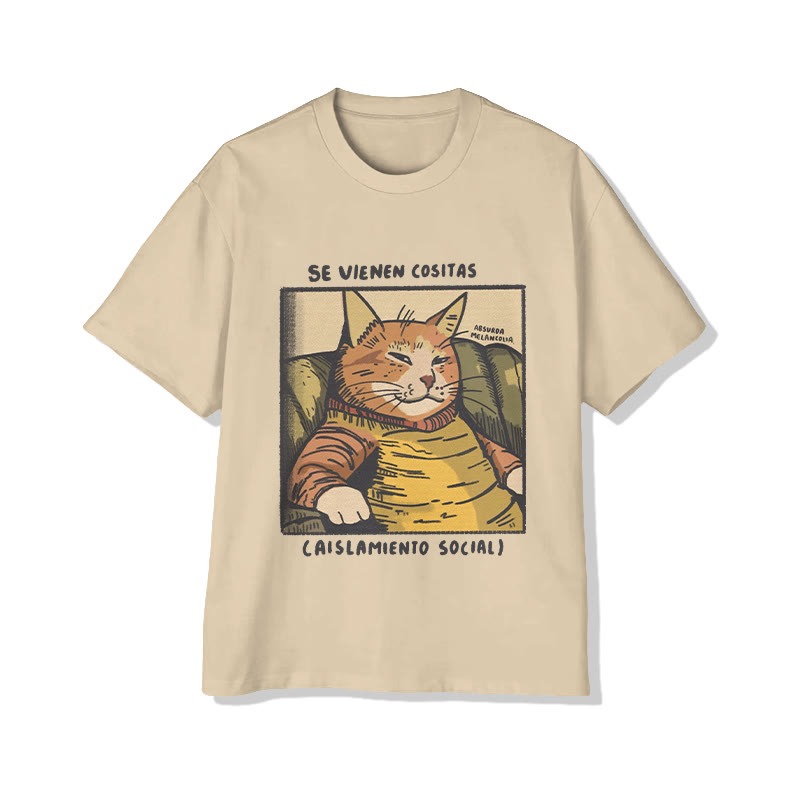 Unisex Funny Cat  Aislamiento Social Print Short Sleeve Crew Neck T-Shirt - Apricot - 2XL - image 2
