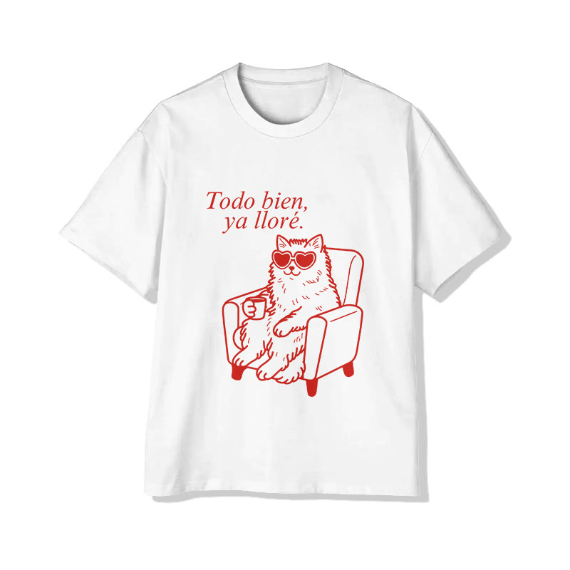 Unisex Funny Cats Todo Bien Ya Llore Print Short Sleeve Crew Neck T-Shirt - White - 2XL - image 1