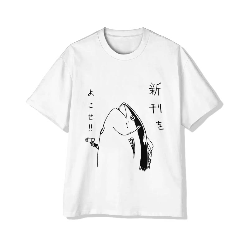 Unisex Japanese Style Funny Whale  Print Short Sleeve Crew Neck T-Shirt - White - 2XL - image 1