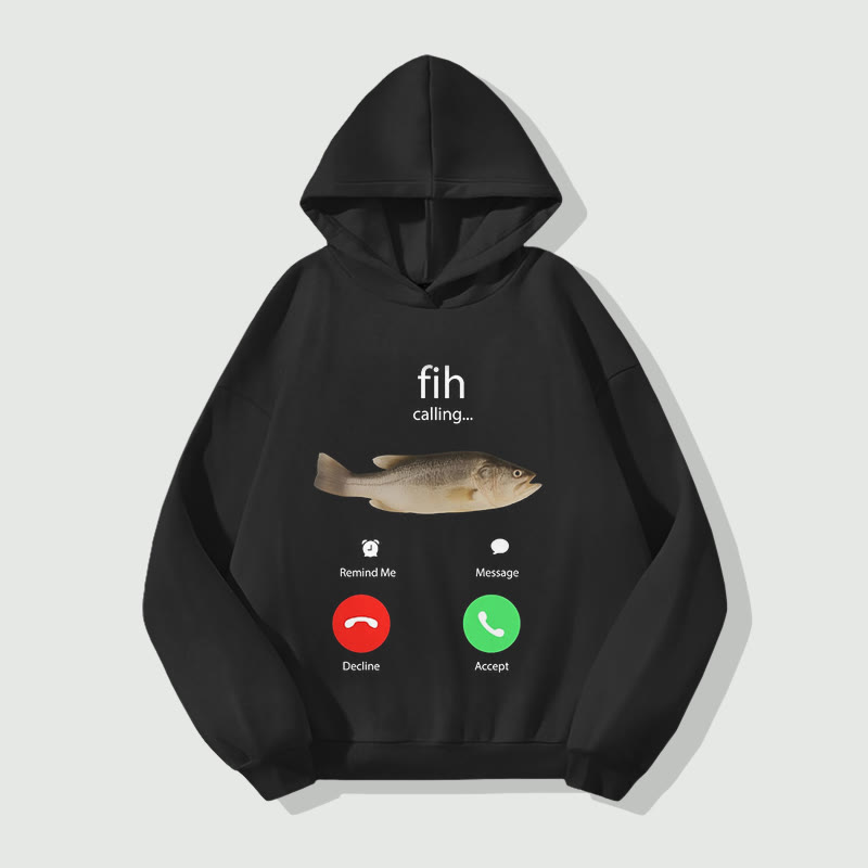 Unisex  Calling Remind Me Message Decline Accept Phone Call Fish Print Long Sleeved Hoodie - Black - 8XL - image 1