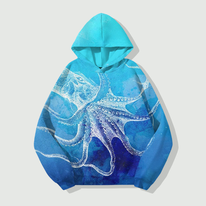 Unisex  Ocean Octopus Print Long Sleeved Hoodie - Blue - 8XL - image 1