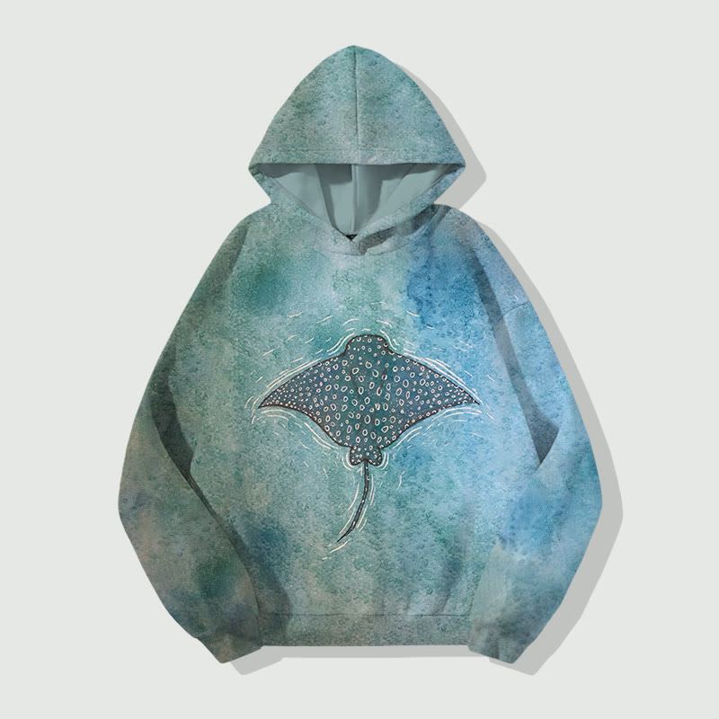 Unisex Vintage Manta Ray Art Print Long Sleeved Hoodie - Green - 8XL - image 1
