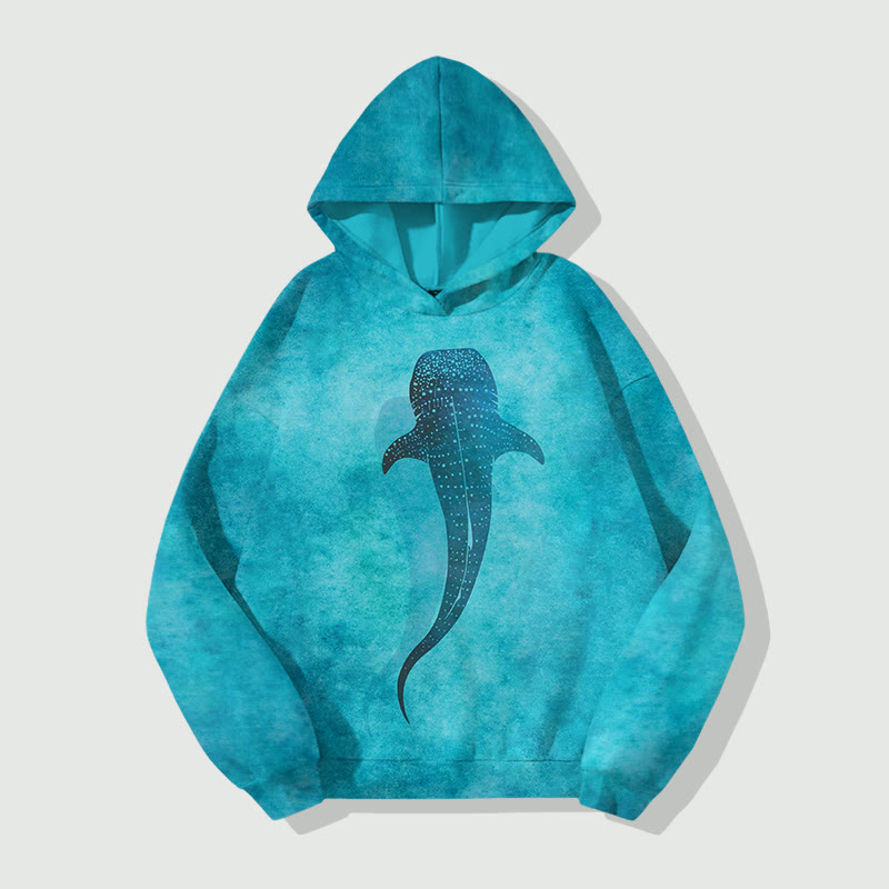 Unisex Ocean Whale  Pattern Print Long Sleeved Hoodie - Lake Blue - 8XL - image 1
