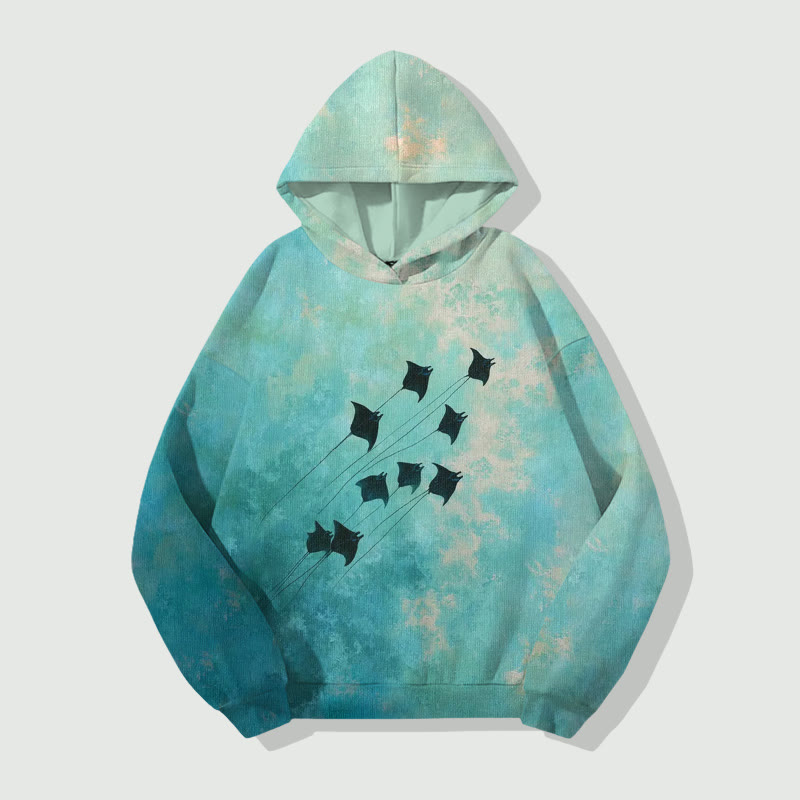 Unisex  Retro Gradient Manta Ray Team Print Long Sleeved Hoodie - Green - 8XL - image 1