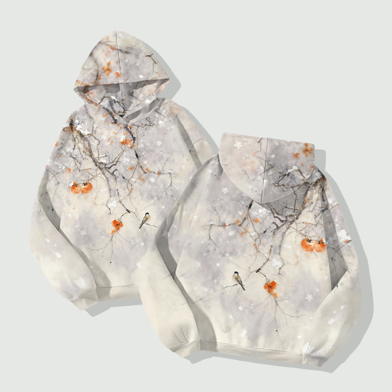 Watercolor Persimmon Tree & Romantic Snowflake Art Print Long Sleeve Hoodie - image 2