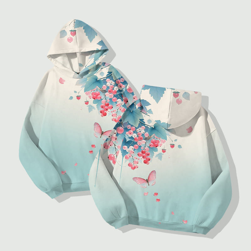 Vintage Watercolor Pink Berries Art Print Long Sleeve Hoodie - image 2