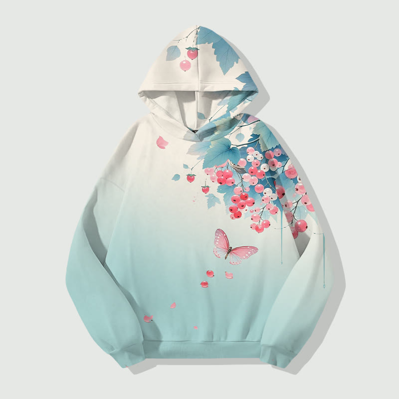 Vintage Watercolor Pink Berries Art Print Long Sleeve Hoodie - Light Blue - US44-46(8XL) - image 1