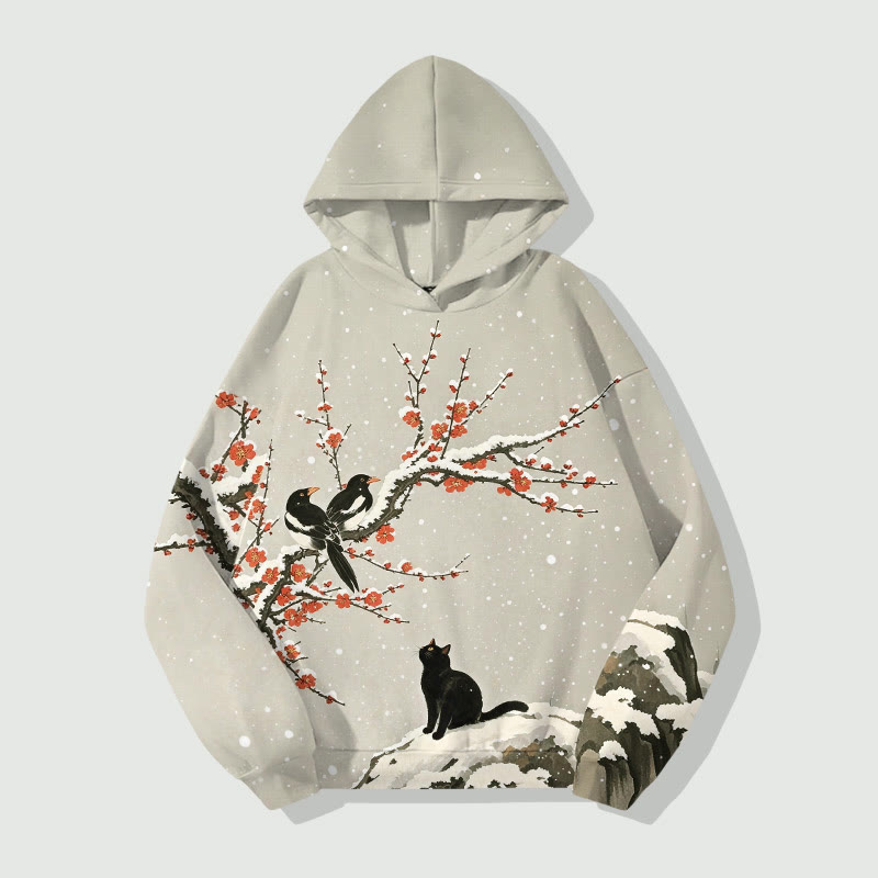 Vintage Cat & Birds In Snowy Winter Art Print Long Sleeve Hoodie - Khaki - US44-46(8XL) - image 1