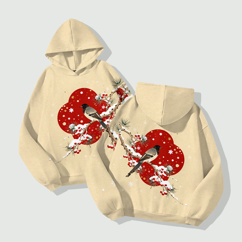 Japanese Vintage Snowy Bird On The Branch Art Print Long Sleeve Hoodie - image 2