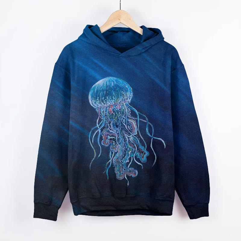 Unisex Deep Sea Jellyfish Print Long Sleeved Hoodie - Dark Blue - US44-46(8XL) - image 1