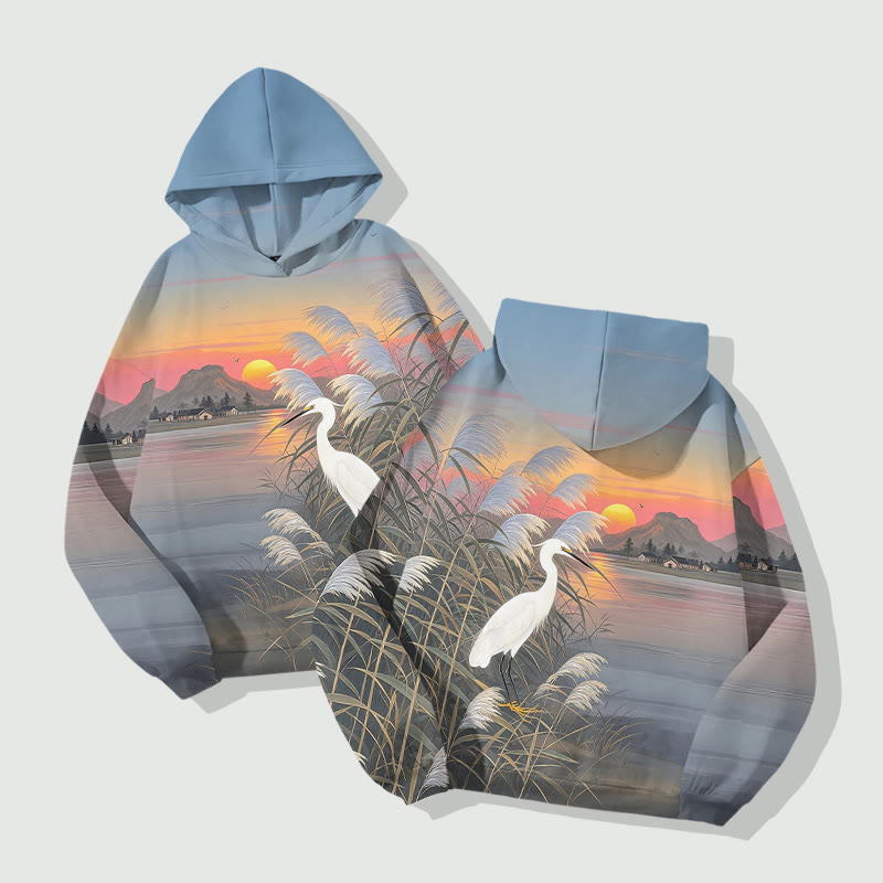Sunset White Crane Standing In Reed Marshes Art Print Long Sleeve Hoodie - image 2