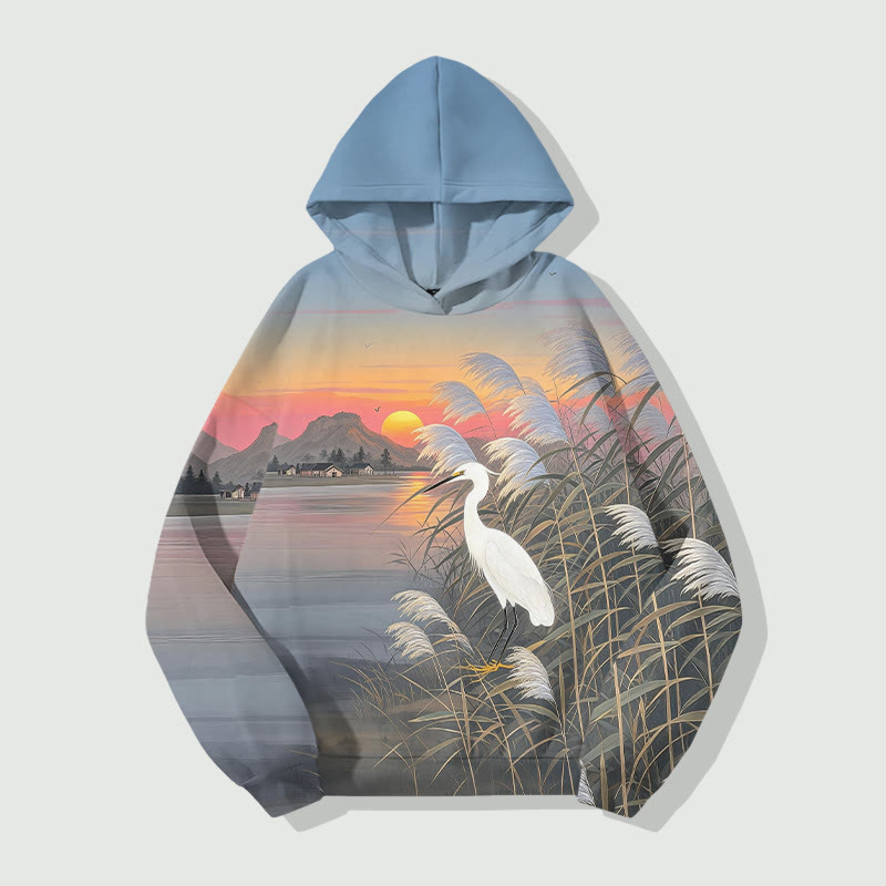 Sunset White Crane Standing In Reed Marshes Art Print Long Sleeve Hoodie - Multicolor - US44-46(8XL) - image 1