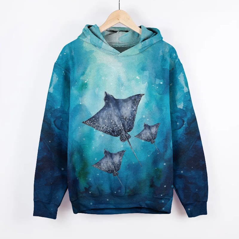 Unisex Deep Sea Manta Ray Art Print Long Sleeved Hoodie - Dark Blue - US44-46(8XL) - image 1