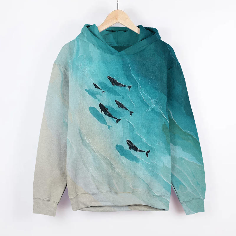 Unisex Ocean Little Fish Team Art Print Long Sleeved Hoodie - Green - US44-46(8XL) - image 1