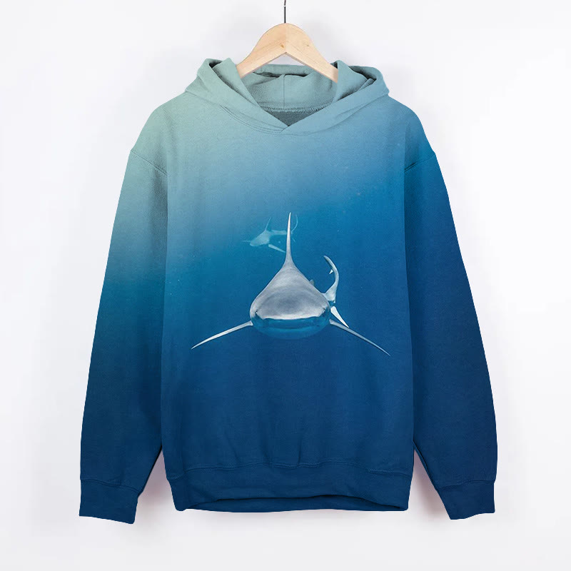 Unisex Deep Sea Shark Art Print Long Sleeved Hoodie - Blue - US44-46(8XL) - image 1