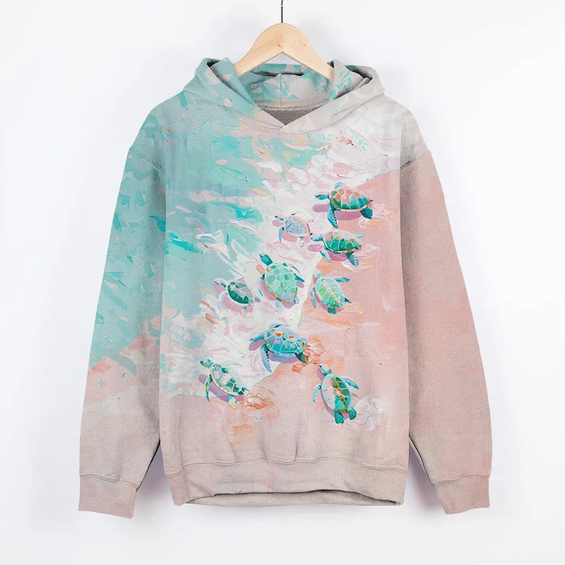 Unisex Sea Turtle Oil Painting Art Print Long Sleeved Hoodie - Pink - US44-46(8XL) - image 1