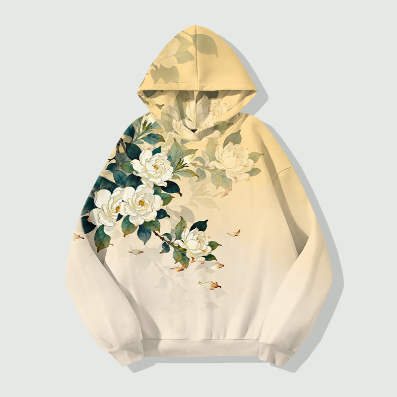 Vintage Lovely White Rose Art Print Long Sleeve Hoodie - Yellow - US44-46(8XL) - image 1