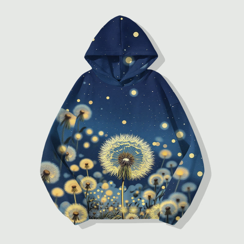 Vintage Starry Dandelion Art Print Long Sleeve Hoodie - Blue - US44-46(8XL) - image 1