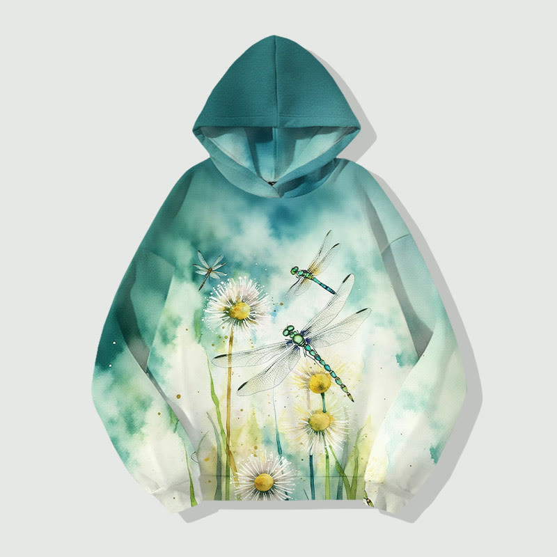 Ombre Watercolor Dandelion & Dragonfly Art Print Long Sleeve Hoodie - Green - US44-46(8XL) - image 1