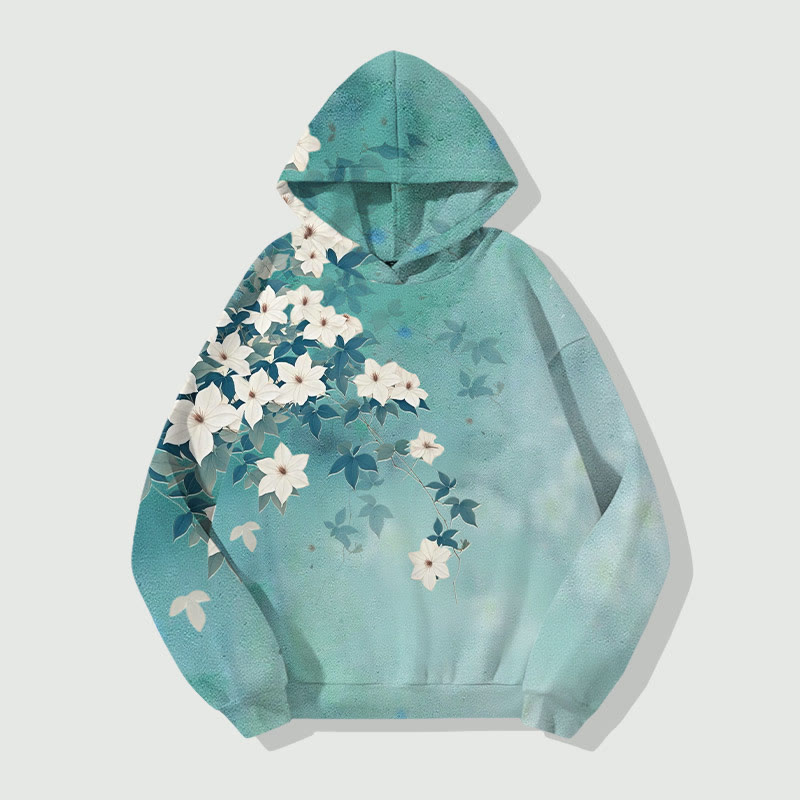 Japanese Vintage Jasmine Blossom Art Print Long Sleeve Hoodie - Green - US44-46(8XL) - image 1
