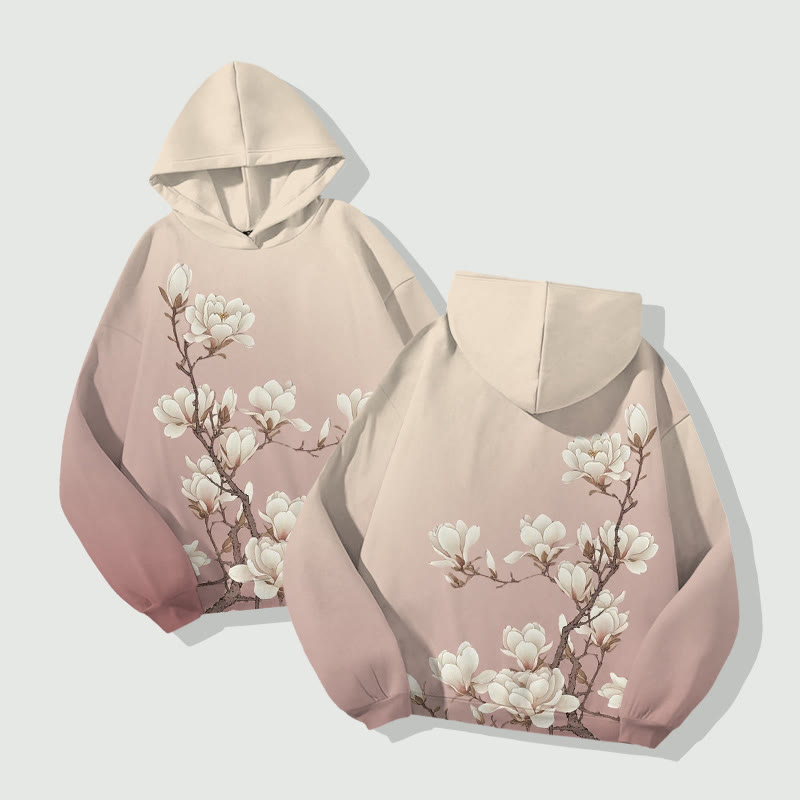 Vintage Magnolia Blossom Art Print Long Sleeve Hoodie - Pink - US44-46(8XL) - image 4