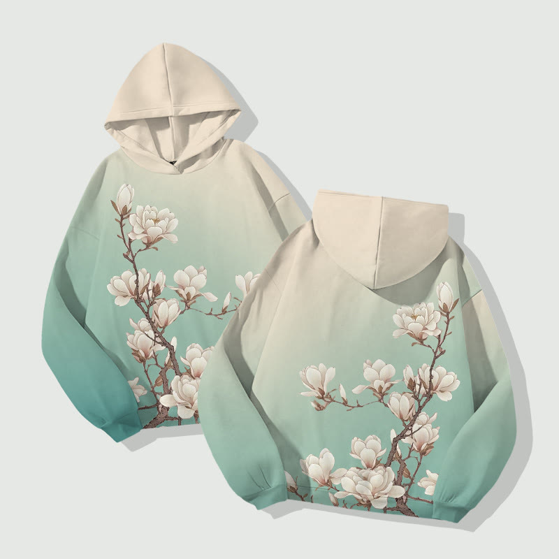 Vintage Magnolia Blossom Art Print Long Sleeve Hoodie - Green - US44-46(8XL) - image 2